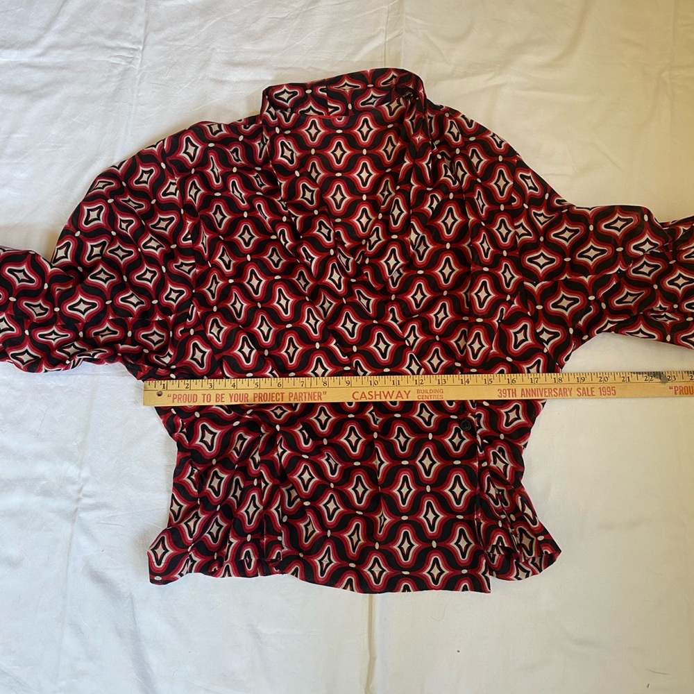 Womens Art Deco All Over Geometric Pattern Drape Collar Wrap Blouse Medium Boho - Picture 10 of 16